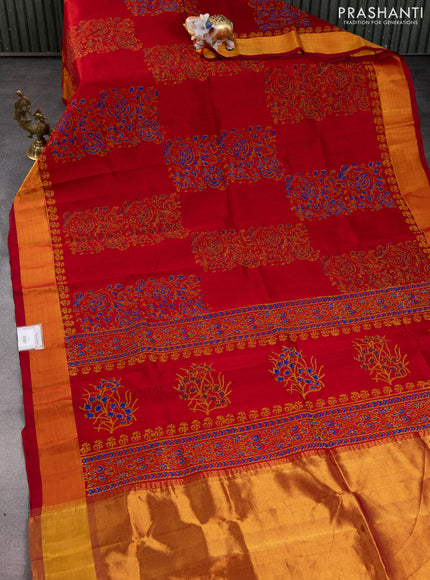 Silk cotton block printed saree red with butta prints and zari woven border