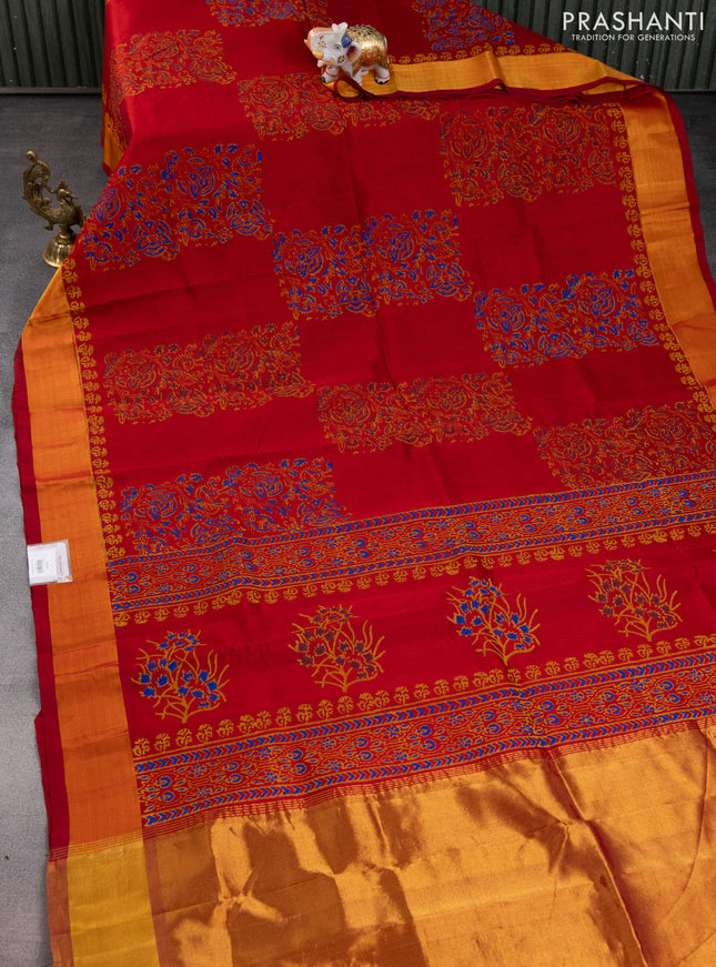 Silk cotton block printed saree red with butta prints and zari woven border