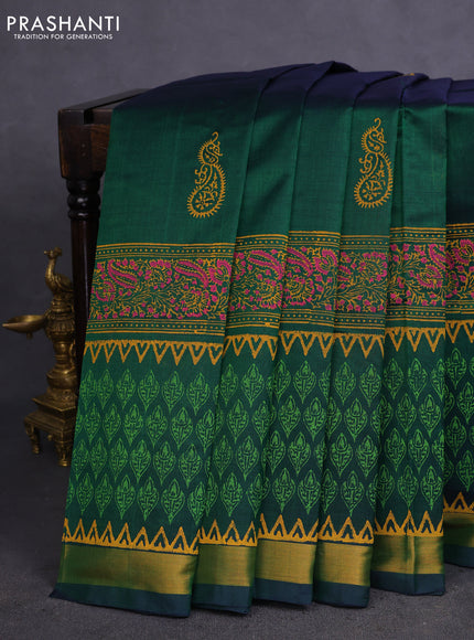 Silk cotton block printed saree green with butta prints and zari woven border