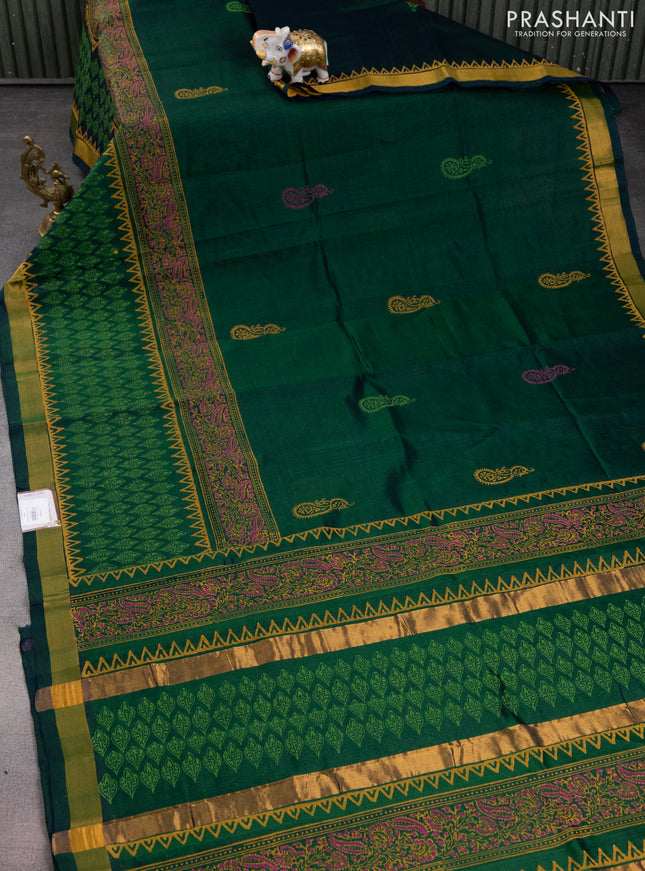 Silk cotton block printed saree green with butta prints and zari woven border