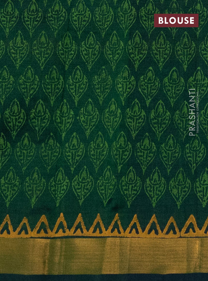Silk cotton block printed saree green with butta prints and zari woven border