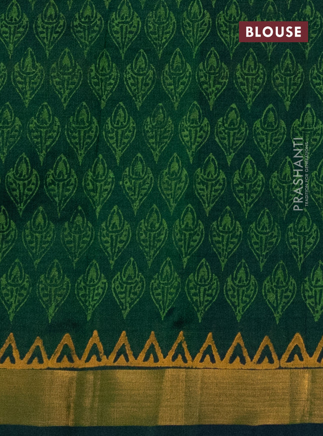 Silk cotton block printed saree green with butta prints and zari woven border