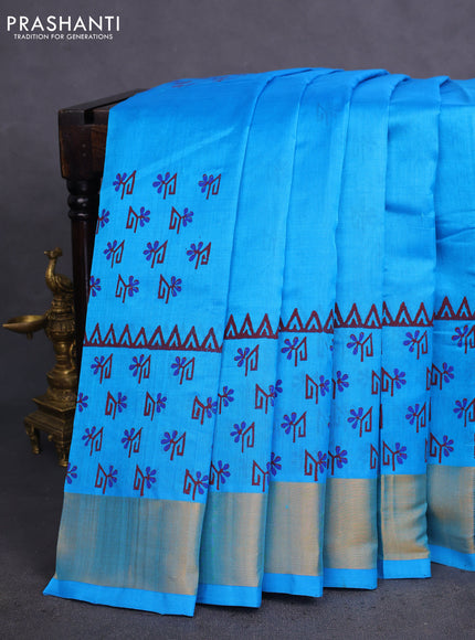 Silk cotton block printed saree light blue with allover butta prints and zari woven border