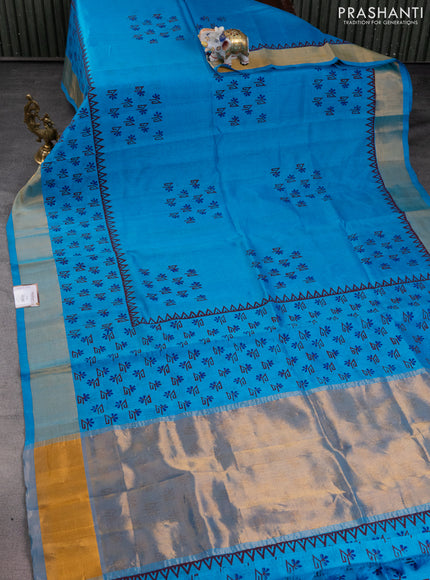 Silk cotton block printed saree light blue with allover butta prints and zari woven border