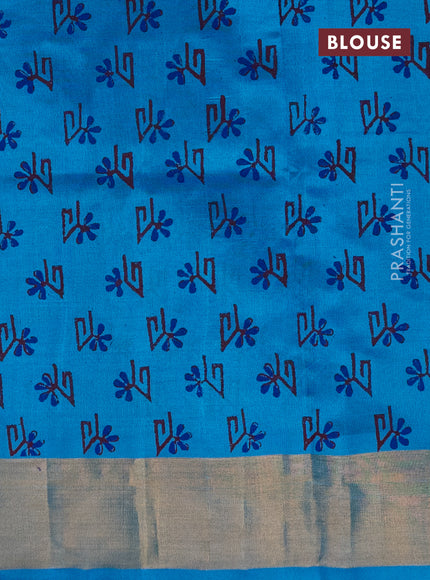 Silk cotton block printed saree light blue with allover butta prints and zari woven border