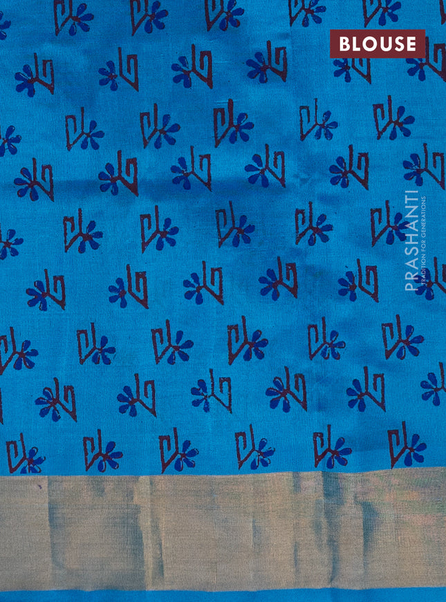 Silk cotton block printed saree light blue with allover butta prints and zari woven border