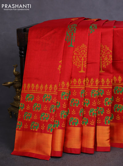 Silk cotton block printed saree maroon with butta prints and zari woven border