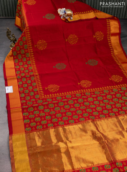 Silk cotton block printed saree maroon with butta prints and zari woven border