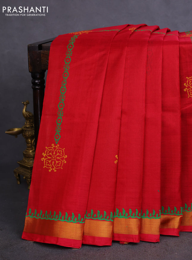 Silk cotton block printed saree maroon with butta prints and zari woven border