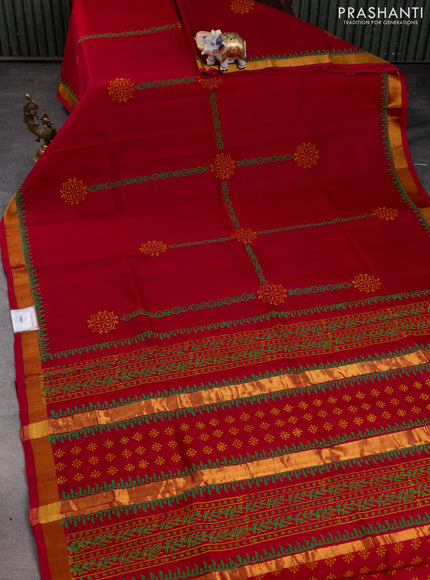 Silk cotton block printed saree maroon with butta prints and zari woven border