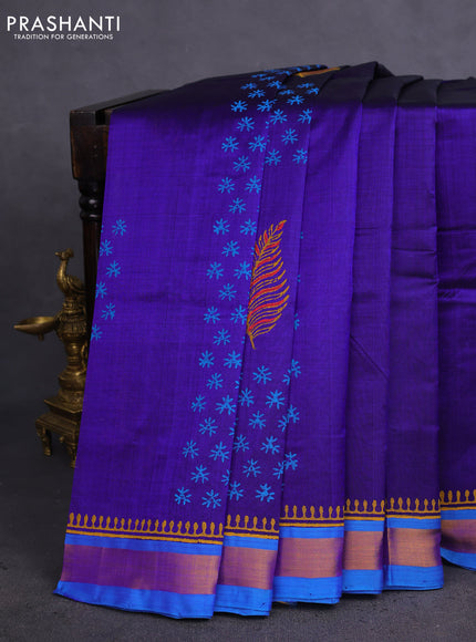 Silk cotton block printed saree blue and cs blue with butta prints and zari woven border