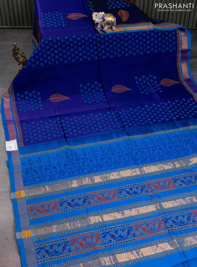 Silk cotton block printed saree blue and cs blue with butta prints and zari woven border