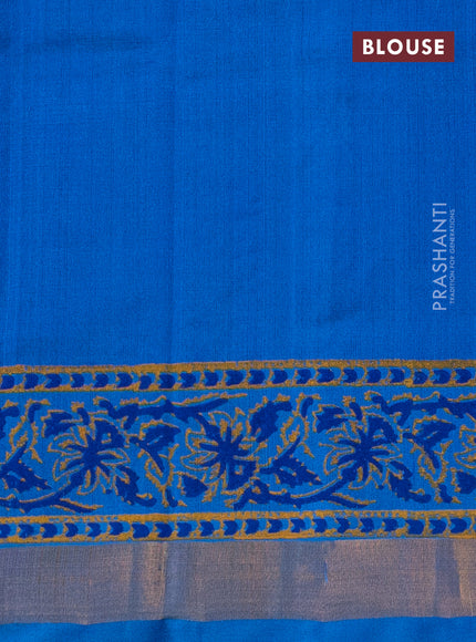 Silk cotton block printed saree blue and cs blue with butta prints and zari woven border