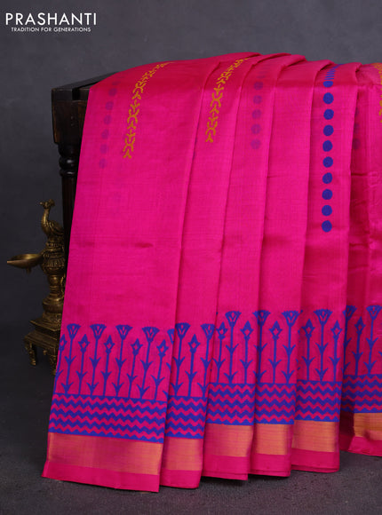 Silk cotton block printed saree pink and blue with butta prints and zari woven border