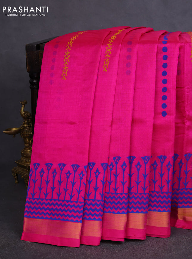 Silk cotton block printed saree pink and blue with butta prints and zari woven border