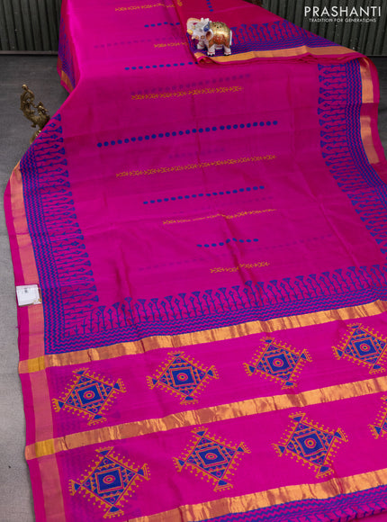 Silk cotton block printed saree pink and blue with butta prints and zari woven border