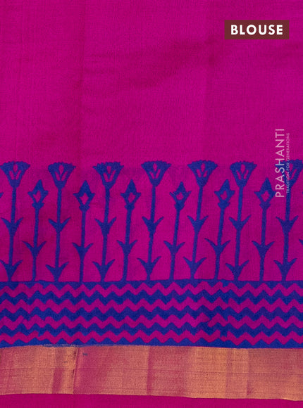 Silk cotton block printed saree pink and blue with butta prints and zari woven border