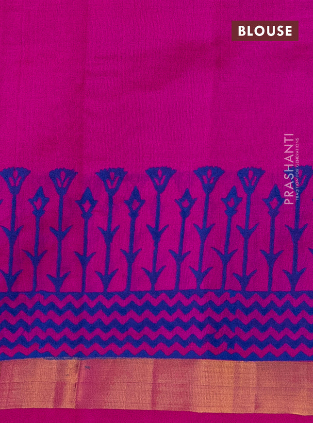 Silk cotton block printed saree pink and blue with butta prints and zari woven border