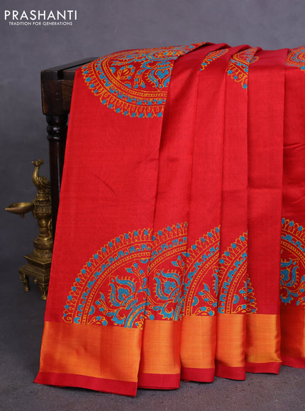 Silk cotton block printed saree maroon with butta prints and zari woven border