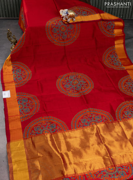 Silk cotton block printed saree maroon with butta prints and zari woven border