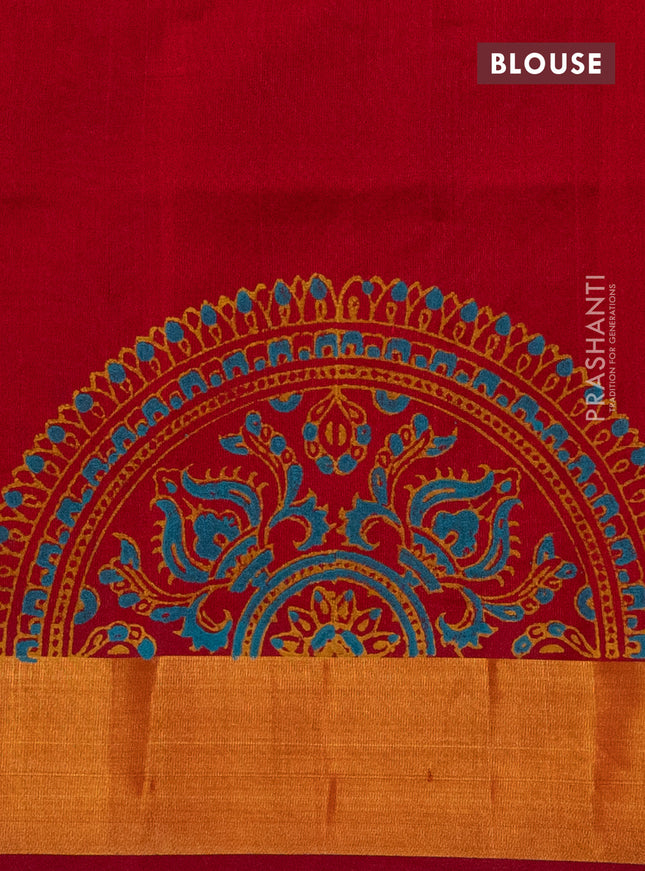 Silk cotton block printed saree maroon with butta prints and zari woven border
