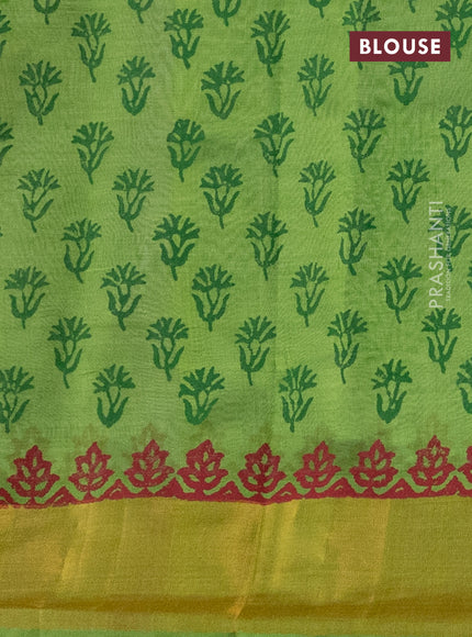 Silk cotton block printed saree cream and light green with allover prints and zari woven border