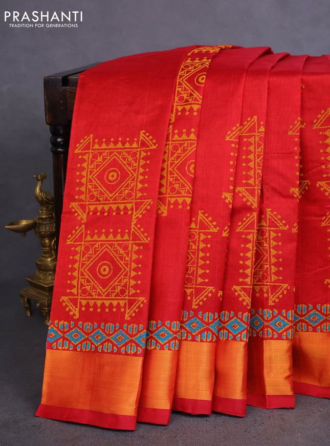 Silk cotton block printed saree maroon with allover prints and zari woven border