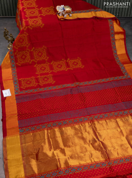 Silk cotton block printed saree maroon with allover prints and zari woven border