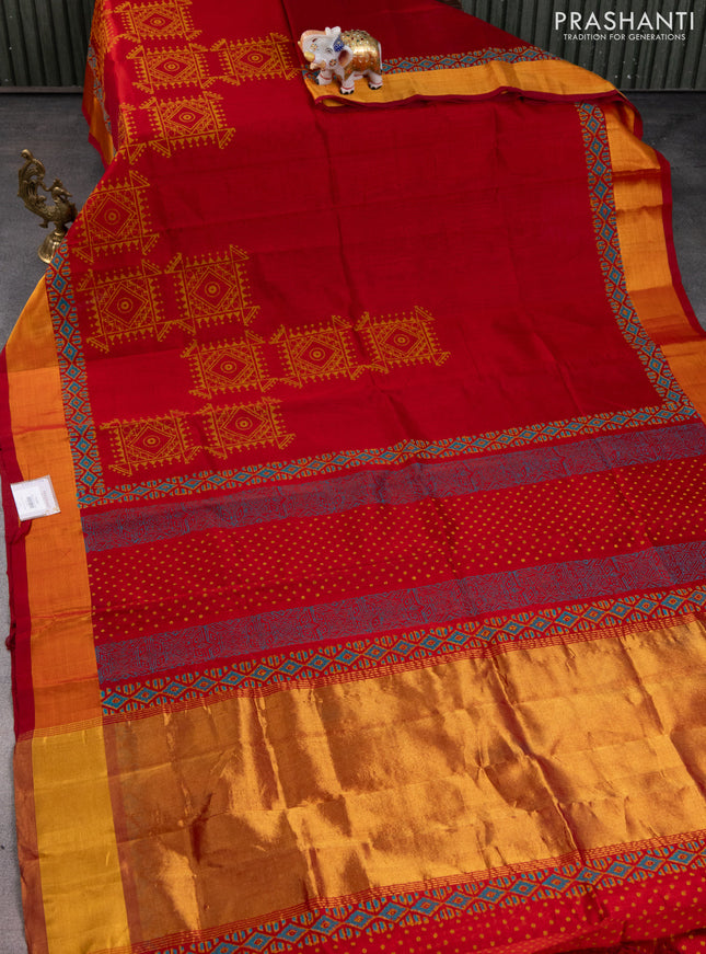 Silk cotton block printed saree maroon with allover prints and zari woven border