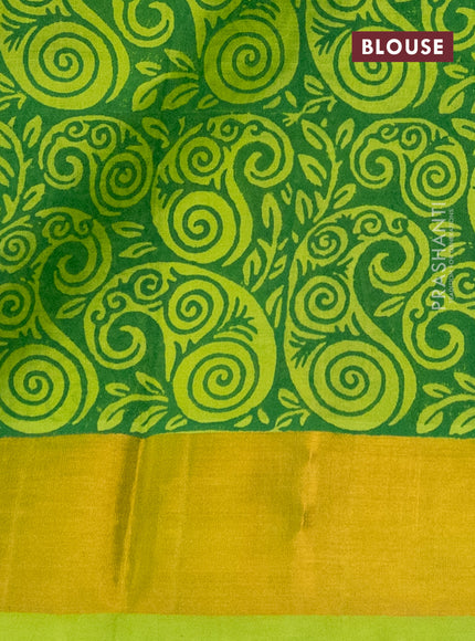 Silk cotton block printed saree fluorescent green with allover prints and zari woven border
