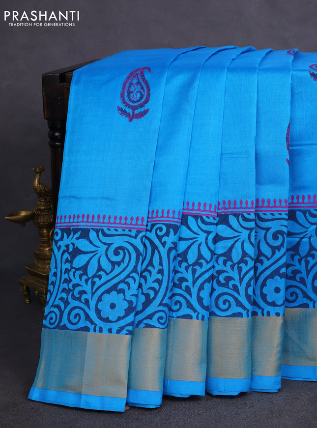 Silk cotton block printed saree light blue with butta prints and zari woven border