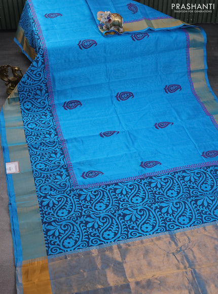 Silk cotton block printed saree light blue with butta prints and zari woven border