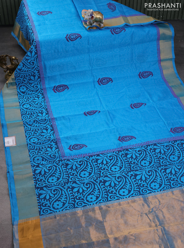 Silk cotton block printed saree light blue with butta prints and zari woven border