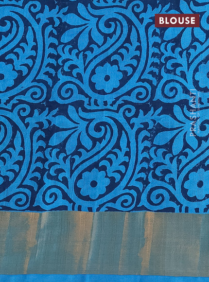 Silk cotton block printed saree light blue with butta prints and zari woven border
