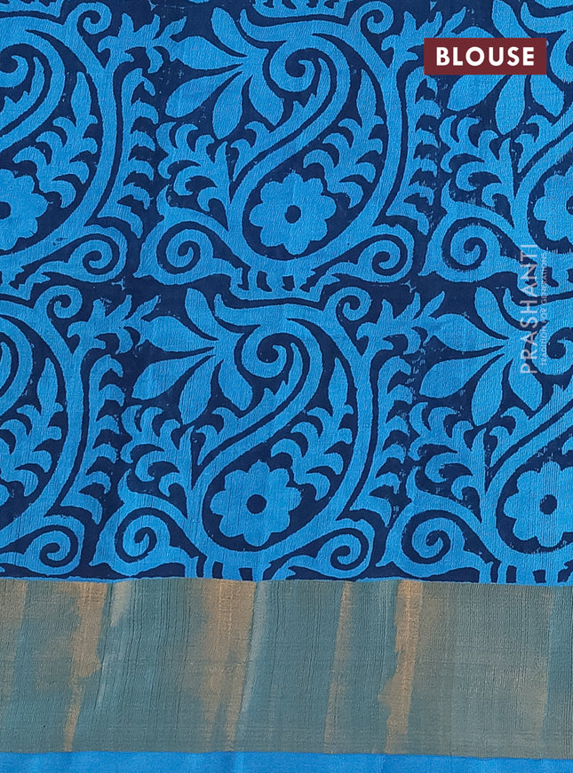 Silk cotton block printed saree light blue with butta prints and zari woven border