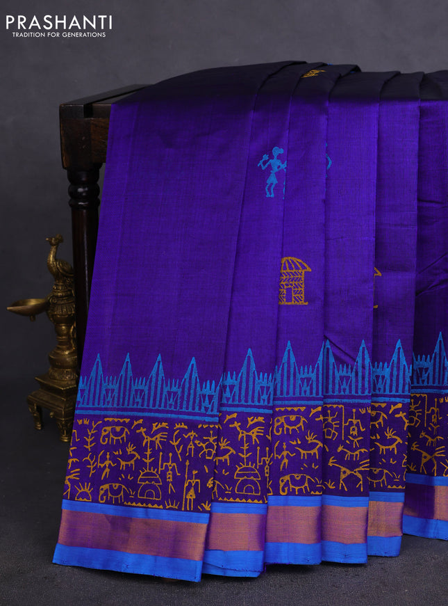 Silk cotton block printed saree blue and cs blue with allover prints and zari woven border