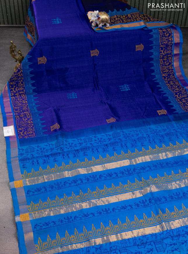 Silk cotton block printed saree blue and cs blue with allover prints and zari woven border