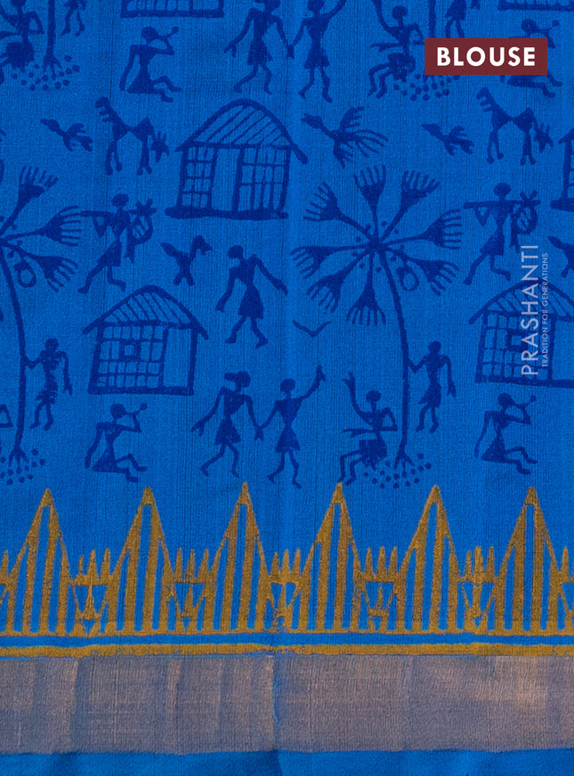 Silk cotton block printed saree blue and cs blue with allover prints and zari woven border