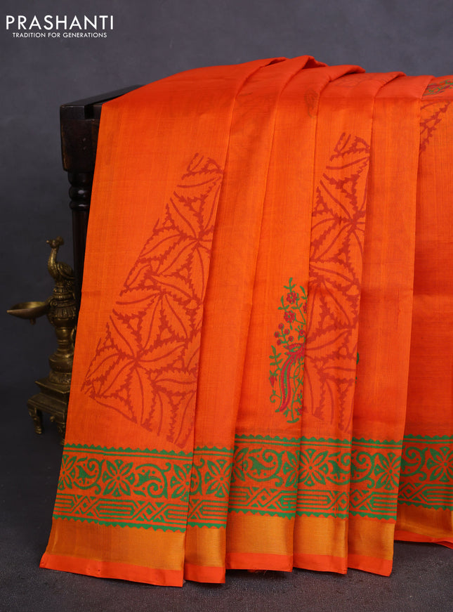 Silk cotton block printed saree orange with butta prints and zari woven border