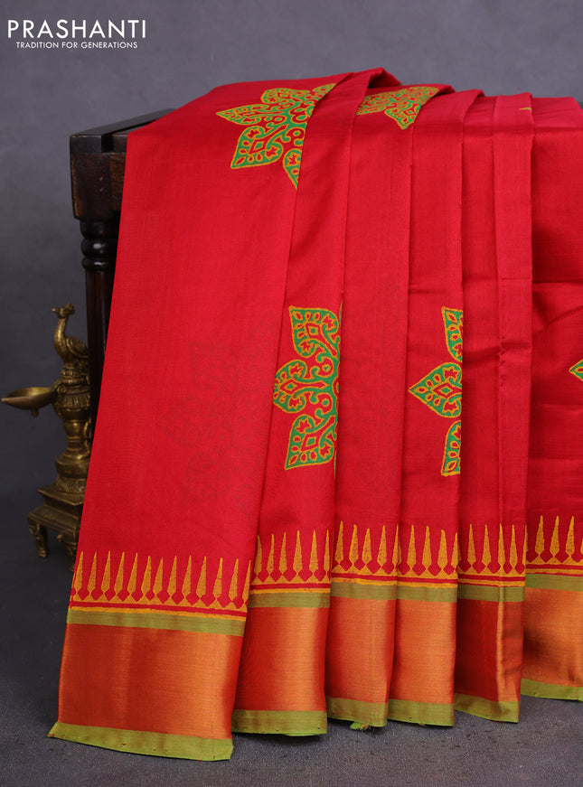 Silk cotton block printed saree maroon and light green with butta prints and zari woven border