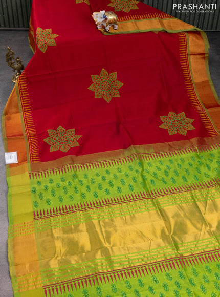 Silk cotton block printed saree maroon and light green with butta prints and zari woven border