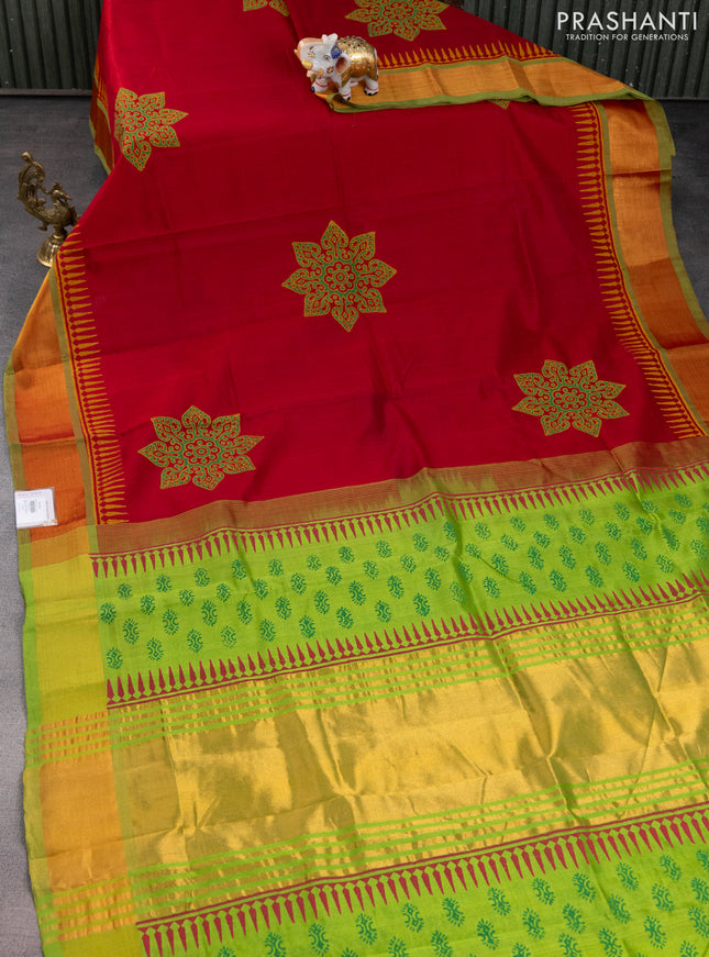 Silk cotton block printed saree maroon and light green with butta prints and zari woven border