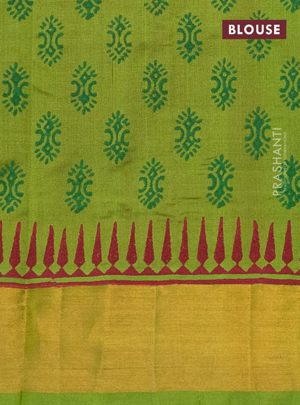 Silk cotton block printed saree maroon and light green with butta prints and zari woven border