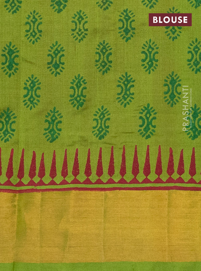 Silk cotton block printed saree maroon and light green with butta prints and zari woven border