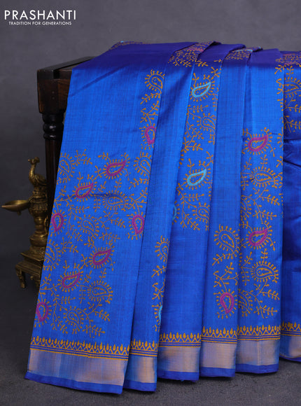 Silk cotton block printed saree cs blue with allover prints and zari woven border