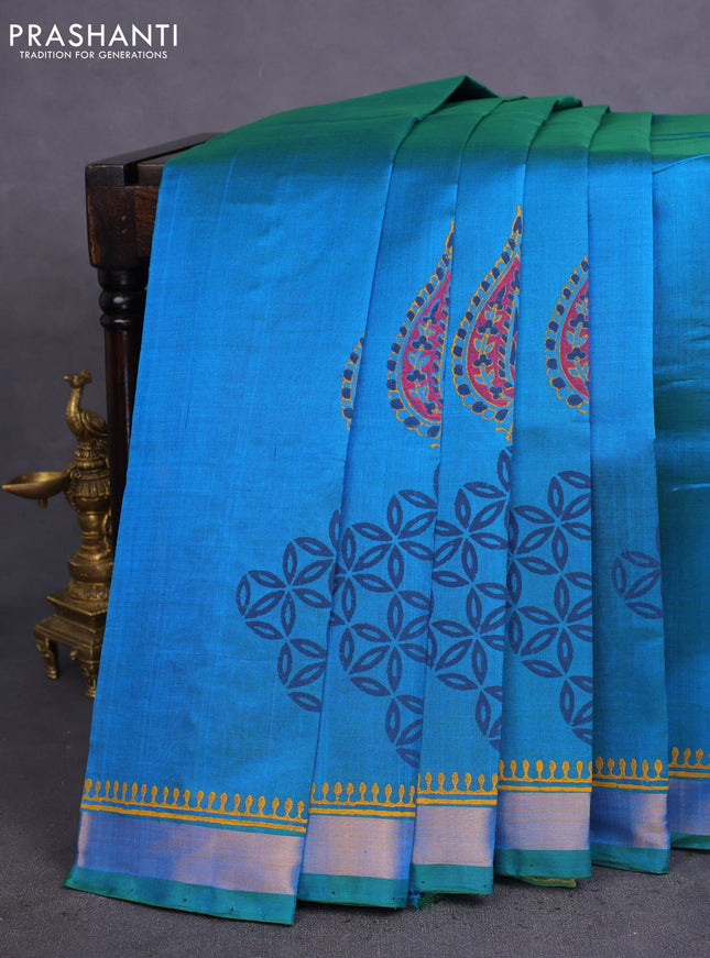 Silk cotton block printed saree dual shade of bluish green with butta prints and zari woven border