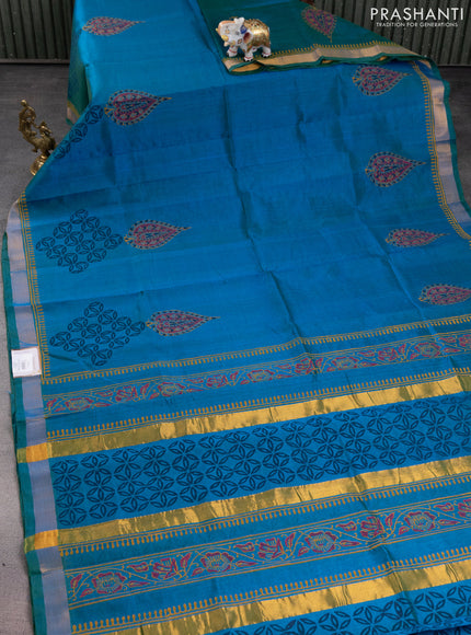 Silk cotton block printed saree dual shade of bluish green with butta prints and zari woven border