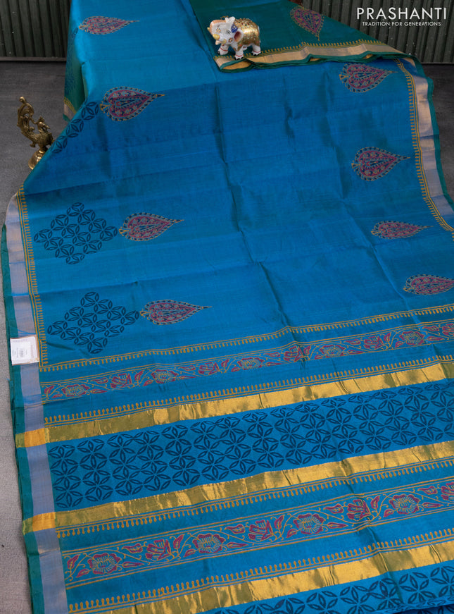 Silk cotton block printed saree dual shade of bluish green with butta prints and zari woven border