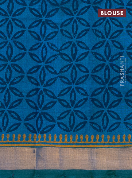 Silk cotton block printed saree dual shade of bluish green with butta prints and zari woven border