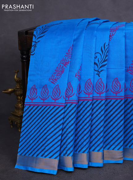 Silk cotton block printed saree cs blue with butta prints and zari woven border